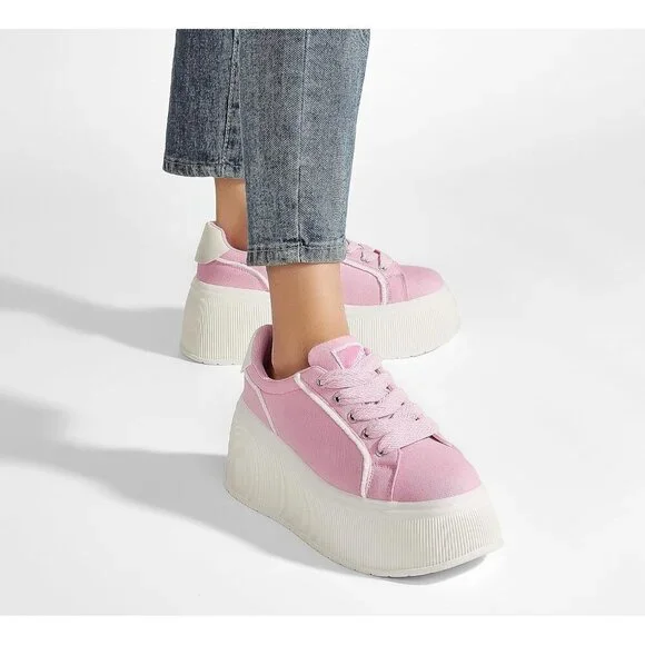 Brand New Women Pink Rubber Platform Wedge Canvas Sneakers Fashion Shoes - Picture 7 of 9